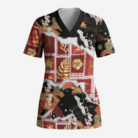 Hawaii Japanese Culture Black Scrub Top Spring Cranes Aloha Pattern