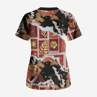 Hawaii Japanese Culture Black Scrub Top Spring Cranes Aloha Pattern