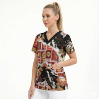 Hawaii Japanese Culture Black Scrub Top Spring Cranes Aloha Pattern
