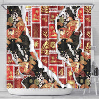 Hawaii Japanese Culture Black Shower Curtain Spring Cranes Aloha Pattern