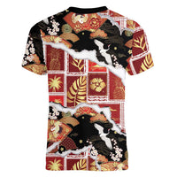 Hawaii Japanese Culture Black Women V-Neck T-Shirt Spring Cranes Aloha Pattern LT01 - Polynesian Pride