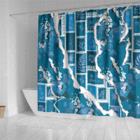 Hawaii Japanese Culture Blue Shower Curtain Spring Cranes Aloha Pattern