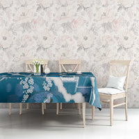 Hawaii Japanese Culture Blue Tablecloth Spring Cranes Aloha Pattern