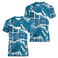 Hawaii Japanese Culture Blue Women V-Neck T-Shirt Spring Cranes Aloha Pattern LT01 - Polynesian Pride
