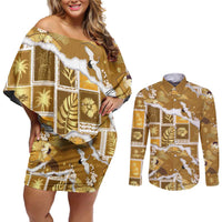 Hawaii Japanese Culture Gold Couples Matching Off Shoulder Short Dress and Long Sleeve Button Shirt Spring Cranes Aloha Pattern LT01 Gold - Polynesian Pride