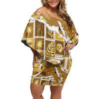 Hawaii Japanese Culture Gold Off Shoulder Short Dress Spring Cranes Aloha Pattern