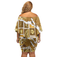 Hawaii Japanese Culture Gold Off Shoulder Short Dress Spring Cranes Aloha Pattern