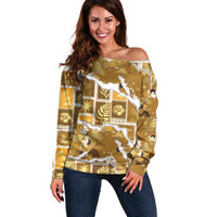Hawaii Japanese Culture Gold Off Shoulder Sweater Spring Cranes Aloha Pattern LT01 Women Gold - Polynesian Pride