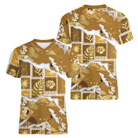 Hawaii Japanese Culture Gold Women V-Neck T-Shirt Spring Cranes Aloha Pattern LT01 - Polynesian Pride