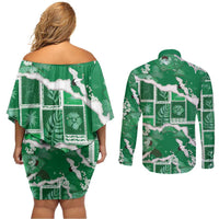 Hawaii Japanese Culture Green Couples Matching Off Shoulder Short Dress and Long Sleeve Button Shirt Spring Cranes Aloha Pattern LT01 - Polynesian Pride