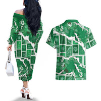 Hawaii Japanese Culture Green Couples Matching Off The Shoulder Long Sleeve Dress and Hawaiian Shirt Spring Cranes Aloha Pattern