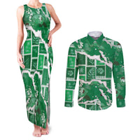 Hawaii Japanese Culture Green Couples Matching Tank Maxi Dress and Long Sleeve Button Shirt Spring Cranes Aloha Pattern LT01 Green - Polynesian Pride