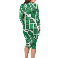 Hawaii Japanese Culture Green Long Sleeve Bodycon Dress Spring Cranes Aloha Pattern LT01 - Polynesian Pride
