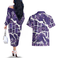 Hawaii Japanese Culture Purple Couples Matching Off The Shoulder Long Sleeve Dress and Hawaiian Shirt Spring Cranes Aloha Pattern