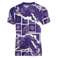 Hawaii Japanese Culture Purple Women V-Neck T-Shirt Spring Cranes Aloha Pattern