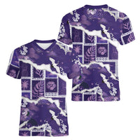 Hawaii Japanese Culture Purple Women V-Neck T-Shirt Spring Cranes Aloha Pattern