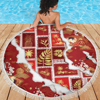 Hawaii Japanese Culture Red Beach Blanket Spring Cranes Aloha Pattern