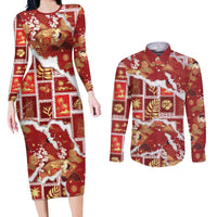 Hawaii Japanese Culture Red Couples Matching Long Sleeve Bodycon Dress and Long Sleeve Button Shirt Spring Cranes Aloha Pattern