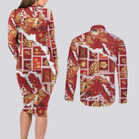 Hawaii Japanese Culture Red Couples Matching Long Sleeve Bodycon Dress and Long Sleeve Button Shirt Spring Cranes Aloha Pattern
