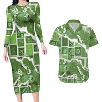 Hawaii Japanese Culture Sage Green Couples Matching Long Sleeve Bodycon Dress and Hawaiian Shirt Spring Cranes Aloha Pattern