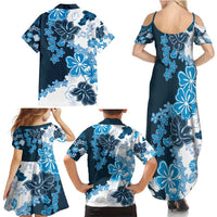 Blue Hibiscus Plumeria Floral Family Matching Summer Maxi Dress and Hawaiian Shirt - Polynesian Pride