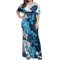 Blue Hibiscus Plumeria Floral Off Shoulder Maxi Dress - Polynesian Pride