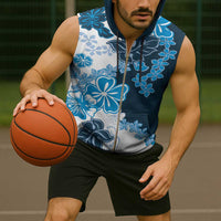 Blue Hibiscus Plumeria Floral Sleeveless Zip Hoodie - Polynesian Pride