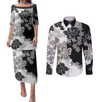 Gray Scale Hibiscus Plumeria Floral Couples Matching Puletasi and Long Sleeve Button Shirt LT01 Black - Polynesian Pride