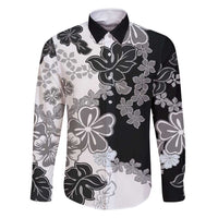 Gray Scale Hibiscus Plumeria Floral Family Matching Long Sleeve Bodycon Dress and Hawaiian Shirt - Polynesian Pride
