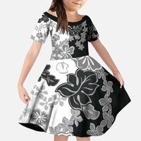 Gray Scale Hibiscus Plumeria Floral Family Matching Puletasi and Hawaiian Shirt LT01 Daughter's Dress Black - Polynesian Pride