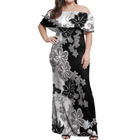 Gray Scale Hibiscus Plumeria Floral Off Shoulder Maxi Dress - Polynesian Pride