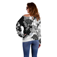 Gray Scale Hibiscus Plumeria Floral Off Shoulder Sweater - Polynesian Pride