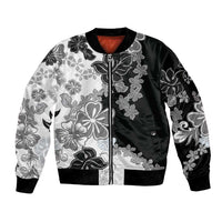 Gray Scale Hibiscus Plumeria Floral Sleeve Zip Bomber Jacket - Polynesian Pride