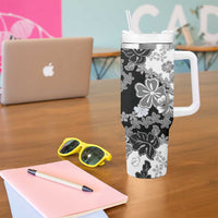 Gray Scale Hibiscus Plumeria Floral Tumbler With Handle - Polynesian Pride