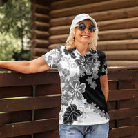 Gray Scale Hibiscus Plumeria Floral Women Polo Shirt - Polynesian Pride