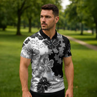 Gray Scale Hibiscus Plumeria Floral Zipper Polo Shirt LT01 - Polynesian Pride