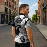 Gray Scale Hibiscus Plumeria Floral Zipper Polo Shirt LT01 - Polynesian Pride