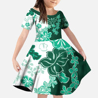 Green Hibiscus Plumeria Floral Family Matching Off The Shoulder Long Sleeve Dress and Hawaiian Shirt - Polynesian Pride