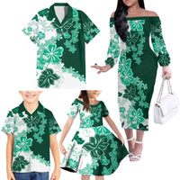 Green Hibiscus Plumeria Floral Family Matching Off The Shoulder Long Sleeve Dress and Hawaiian Shirt - Polynesian Pride