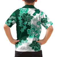 Green Hibiscus Plumeria Floral Family Matching Off Shoulder Short Dress and Hawaiian Shirt - Polynesian Pride