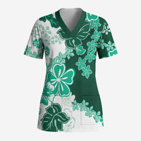 Green Hibiscus Plumeria Floral Scrub Top - Polynesian Pride