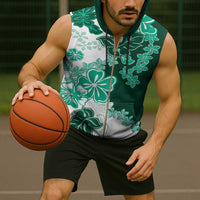 Green Hibiscus Plumeria Floral Sleeveless Zip Hoodie - Polynesian Pride