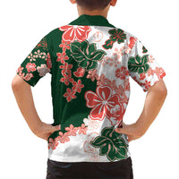 Green Orange Hibiscus Plumeria Floral Family Matching Long Sleeve Bodycon Dress and Hawaiian Shirt - Polynesian Pride