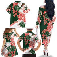 Green Orange Hibiscus Plumeria Floral Family Matching Off The Shoulder Long Sleeve Dress and Hawaiian Shirt - Polynesian Pride