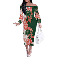 Green Orange Hibiscus Plumeria Floral Family Matching Off The Shoulder Long Sleeve Dress and Hawaiian Shirt - Polynesian Pride
