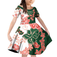 Green Orange Hibiscus Plumeria Floral Family Matching Off Shoulder Short Dress and Hawaiian Shirt - Polynesian Pride
