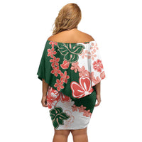 Green Orange Hibiscus Plumeria Floral Family Matching Off Shoulder Short Dress and Hawaiian Shirt - Polynesian Pride