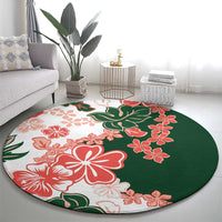 Green Orange Hibiscus Plumeria Floral Round Carpet - Polynesian Pride
