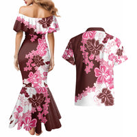 Pink Hibiscus Plumeria Floral Couples Matching Mermaid Dress and Hawaiian Shirt - Polynesian Pride