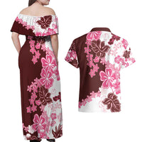 Pink Hibiscus Plumeria Floral Couples Matching Off Shoulder Maxi Dress and Hawaiian Shirt - Polynesian Pride
